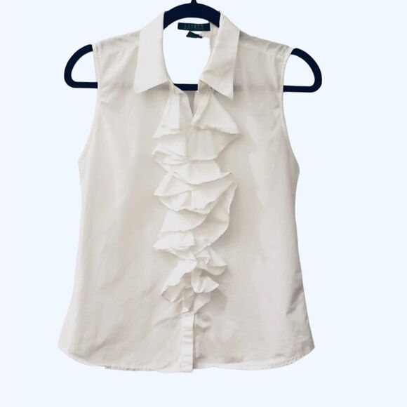 RALPH LAUREN White Ruffle Neck Button Down Sleeveless Peplum classic 14 XL - Picture 4 of 8